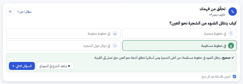 الإجابة الصحيحة مع تفسيرها وزر للعودة إلى الخطوة التي تشرحها في النموذج